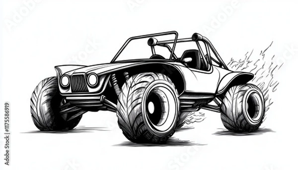 Fototapeta A dynamic black and white illustration of a dune buggy speeding across sandy terrain. Ideal for automotive logos, off-road apparel, and adventure-themed designs.