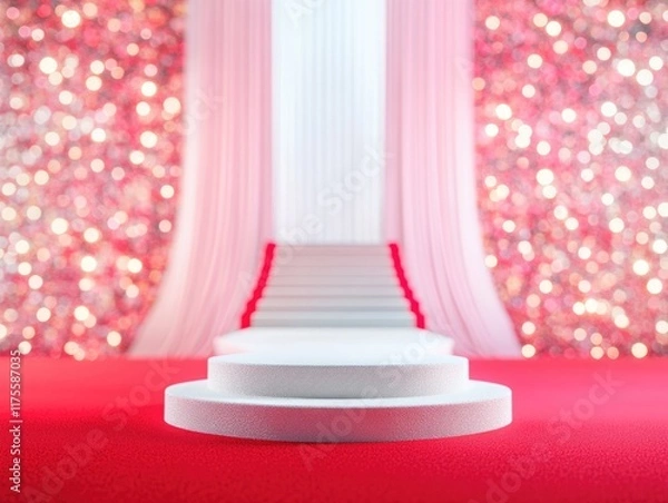 Fototapeta Pink and red bokeh background with podium for product symbols of love, Valentine's Day 3d, promotion display, 3D rendering product display platform.