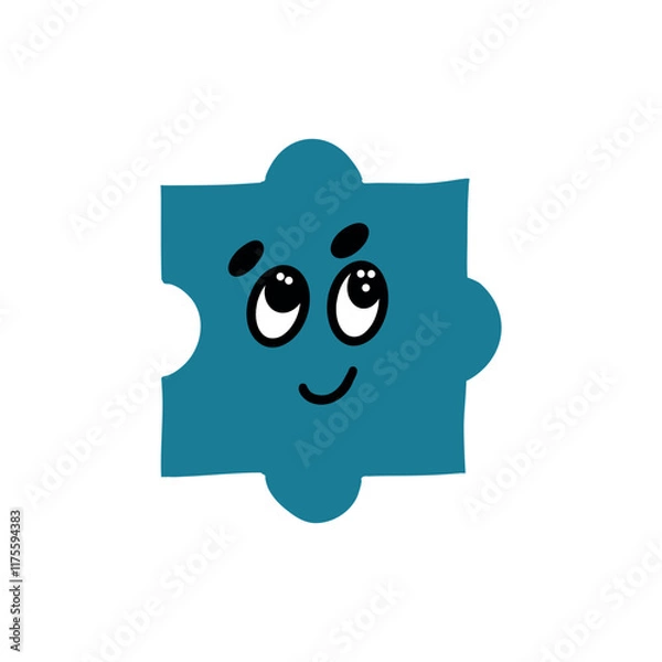 Fototapeta A single blue puzzle piece with a friendly cartoon face. Perfect for projects related to puzzles, problem-solving, childhood, and games.