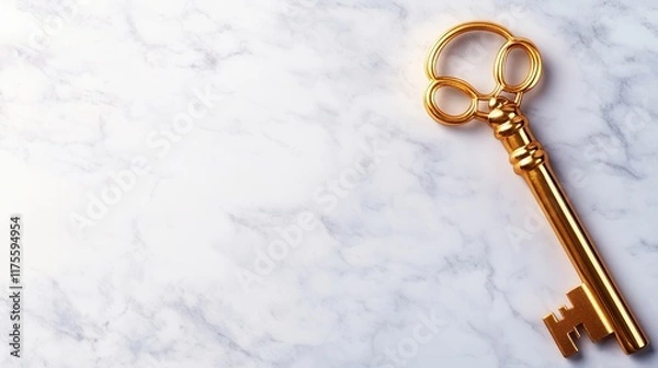 Fototapeta Vintage Golden Key on a White Marble Surface with Copy Space