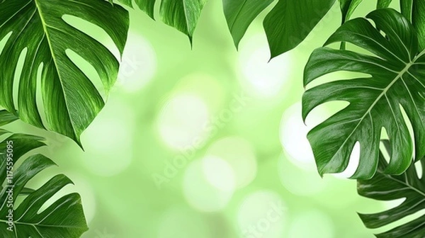 Fototapeta Lush Green Tropical Leaves with Soft Bokeh Background Effect