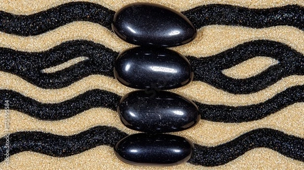 Fototapeta Black Smooth Stones on Abstract Wave Pattern Background
