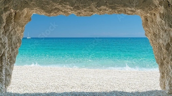 Fototapeta Tranquil Seascape View from Rocky Archway on Sunny Beach Day