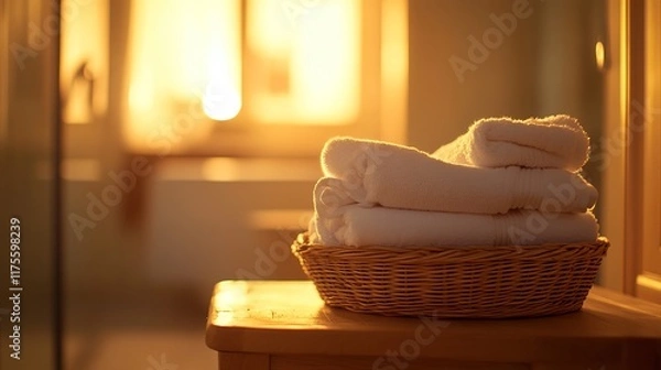 Fototapeta A neat pile of pristine white towels sits in a wicker basket atop a warm wooden table. The soft glow from the bathroom, blurred in the background, casts a serene ambiance over the scene. 