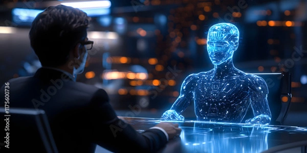Obraz Futuristic AI technology artificial intelligence human people interaction talk interact conversation data information machine learning digital collaborate integration future work