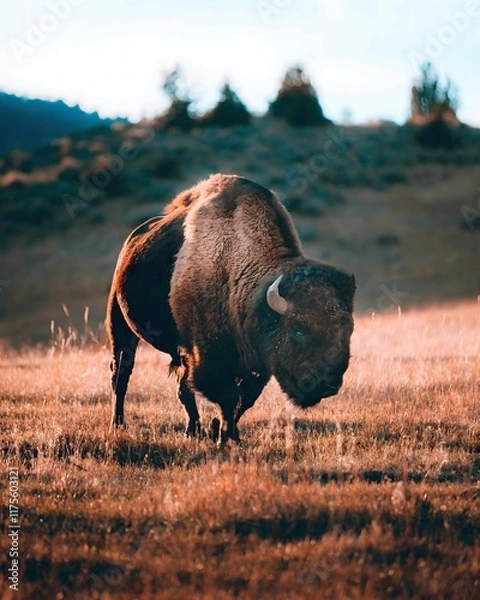 Fototapeta A majestic bison grazes in a golden field at sunset, with a dramatic sky in the background.