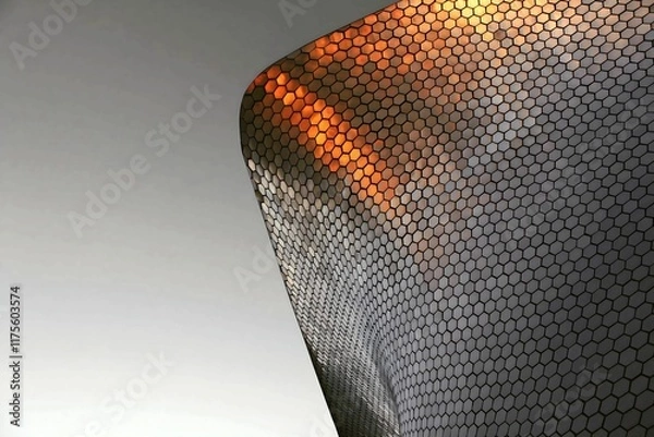 Fototapeta A close-up photograph of a modern building facade featuring a repeating hexagonal pattern, creating a visually striking and textured surface.