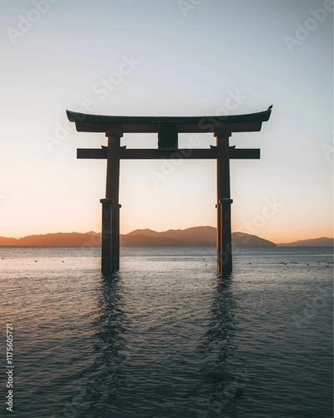Fototapeta A majestic Torii gate stands alone in the calm waters of a lake, silhouetted against a vibrant sunset sky.