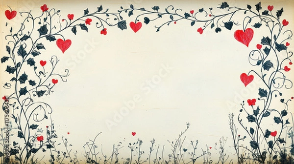Fototapeta Decorative hand drawn border with hearts and vines, perfect for Valentine Day