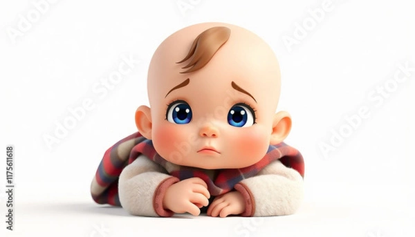 Obraz 3d rendered illustration of a sad cartoon baby wearing winter clothes, with big eyes and rosy cheeks, conveying a feeling of innocence and vulnerability.