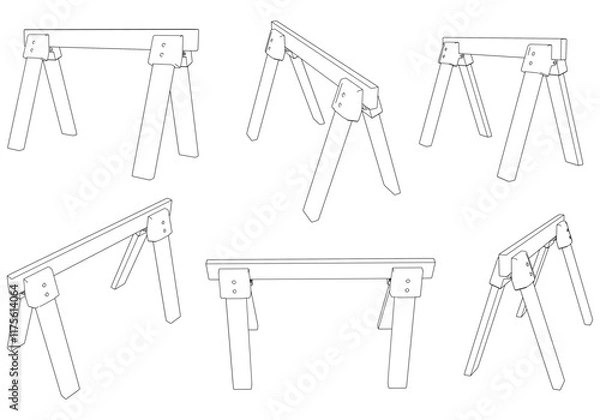 Fototapeta Sawhorse Line Art Vector Illustration on White Background. Detailed Design for Woodworking, Construction, and Workshop Applications