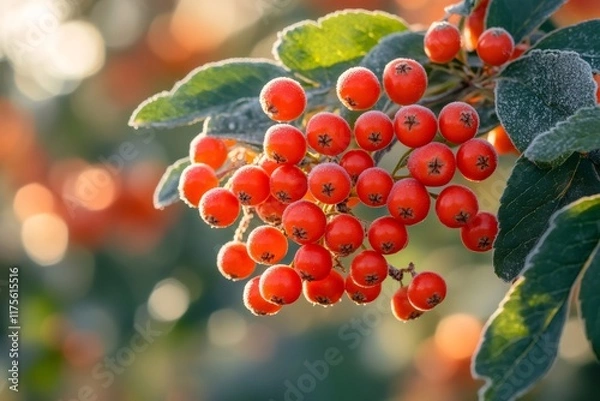 Obraz Bright red berries covered with frost on a sunny winter morning