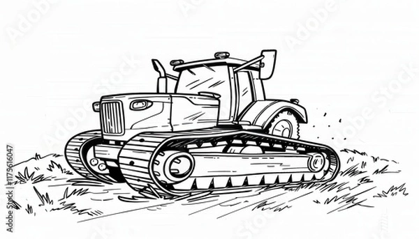 Fototapeta A powerful tracked tractor tackles rough terrain. Ideal for coloring books, activity pages, or farm-themed designs.