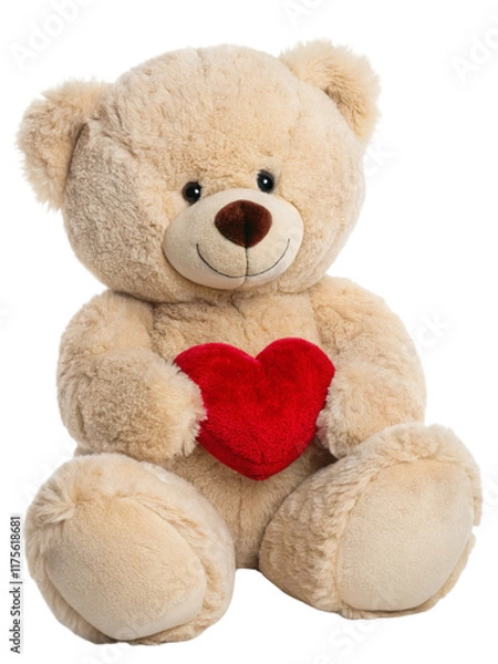Fototapeta Fluffy teddy bear with a red heart isolated on a transparent background