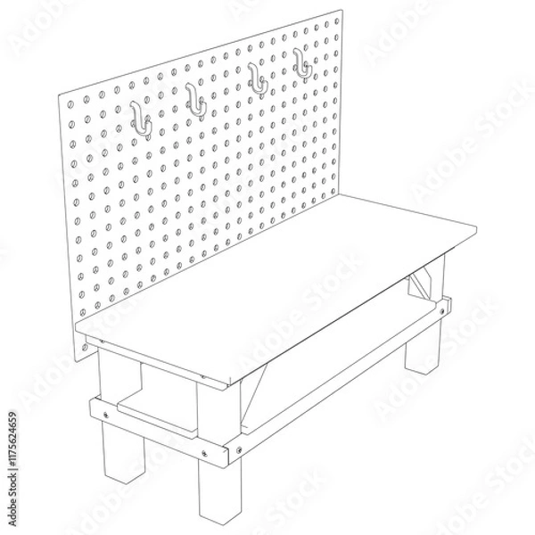 Fototapeta Workbench Line Art Vector Illustration on White Background. Functional and Detailed Design for Workshops, DIY, and Crafting