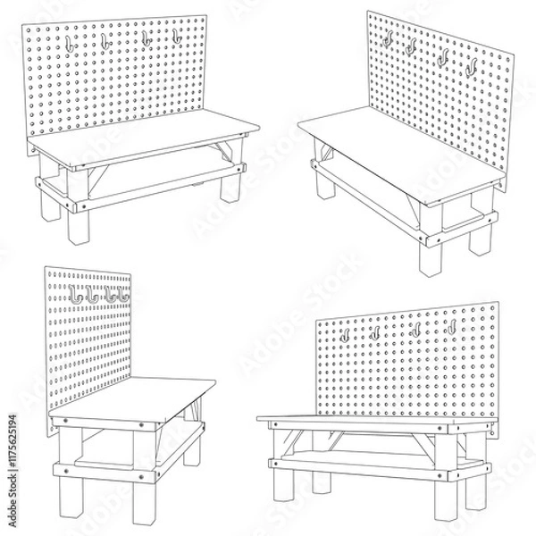 Fototapeta Workbench Line Art Vector Illustration on White Background. Functional and Detailed Design for Workshops, DIY, and Crafting