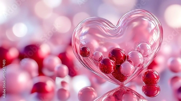 Fototapeta 3D heart design with smooth glass spheres in pink and red, and metallic red spheres, with intricate highlights and shadows for a glossy, modern effect