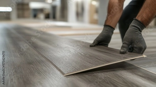 Obraz Installing gray laminate flooring with precision and care in indoor setting.