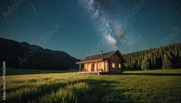 Fototapeta Secluded Cabin Under the Milky Way