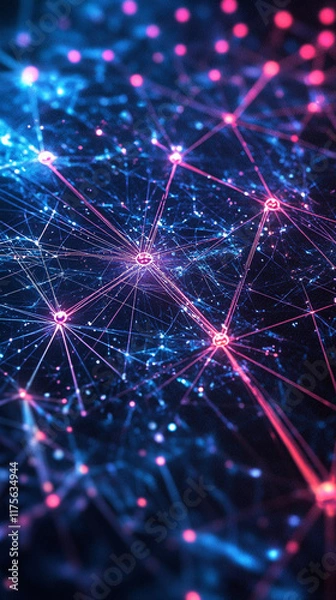 Fototapeta Digital network connections glowing in blue and pink technological background
