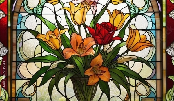 Fototapeta A vibrant stained glass window depicting a stunning arrangement of lilies, roses, and tulips in a