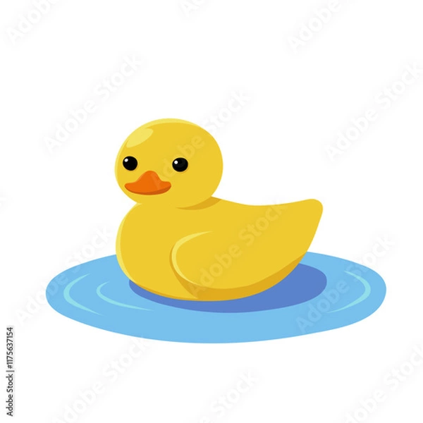 Obraz Yellow cartoon vector baby duck swimming in an oval lake. A bird swims in the water