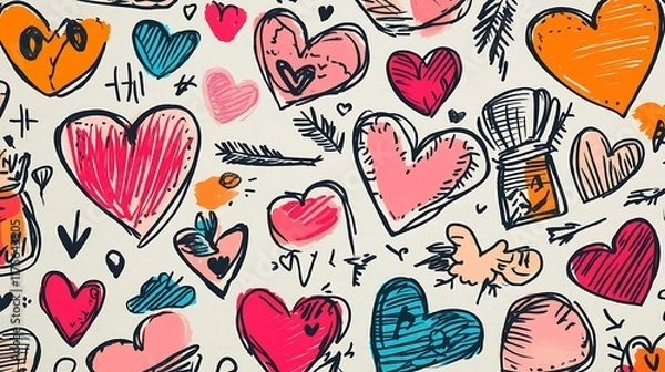 Fototapeta A background full of sweet love doodles, including hearts, cupids, and arrows, drawn in bold, colorful lines against a neutral backdrop