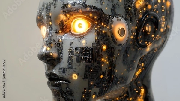Fototapeta Cybernetic humanoid head embedded with advanced AI circuits and luminous details