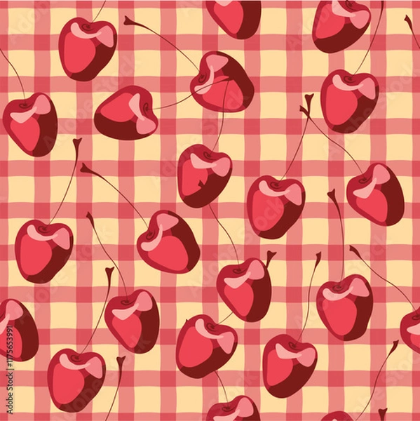 Fototapeta illustration of red cherries on a red-and-cream checkered background. Stylish and fresh pattern for textiles and decor