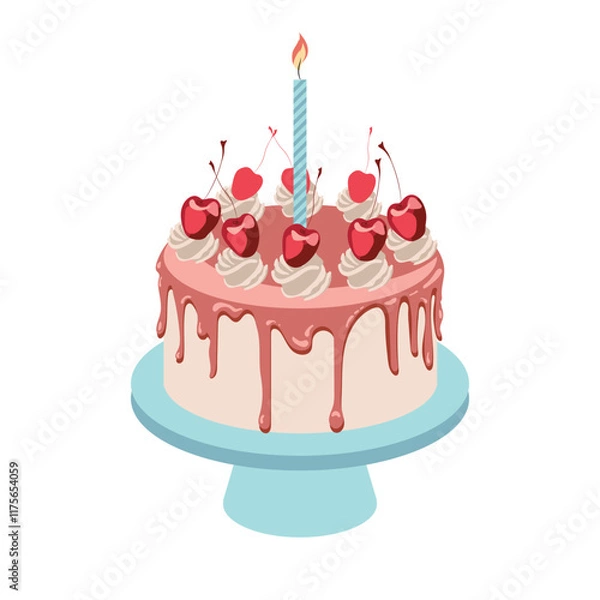 Obraz illustration of a cake with a burning candle, chocolate, whipped cream, and cherries on a blue stand