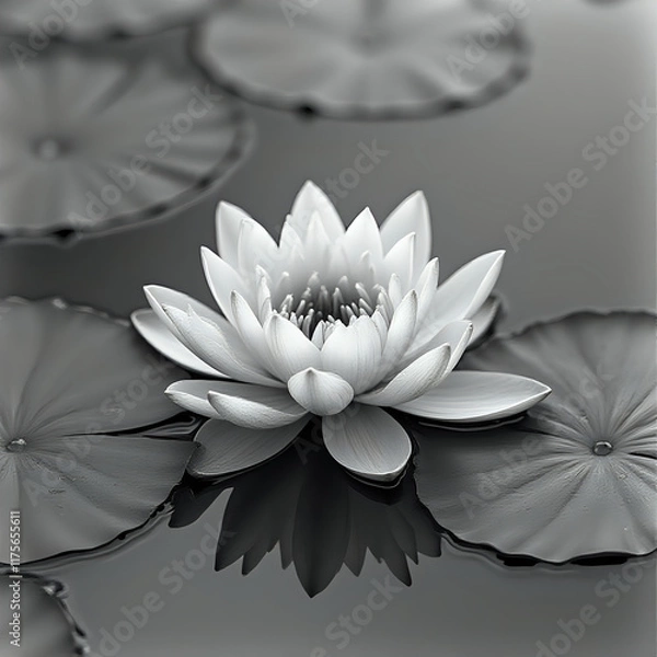Obraz A black and white image featuring a white lotus flower at the center, with water lilies in the background, all reflected in the water.