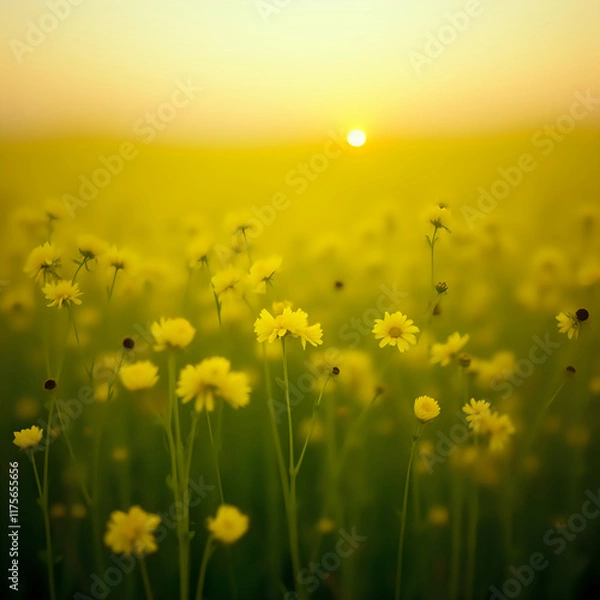 Fototapeta The image captures a serene field of yellow daisies with the sun peeking through the horizon in the background.