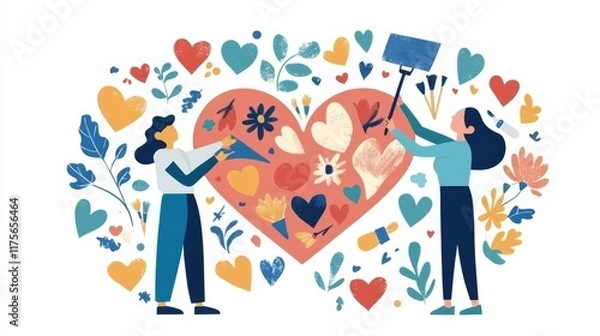 Fototapeta Two women creating art around a large heart with flowers.