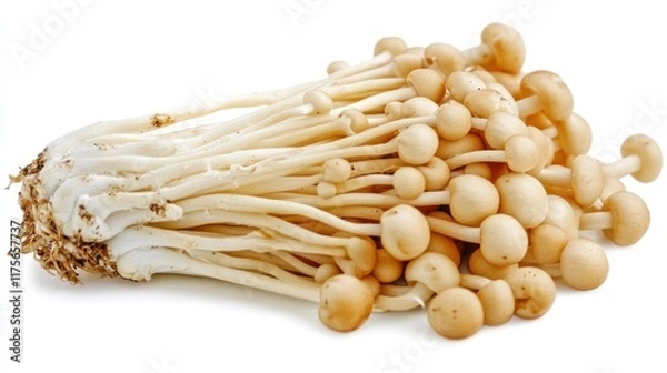 Fototapeta Bunch of fresh, light brown mushrooms with thin stems and round caps, isolated on white background.