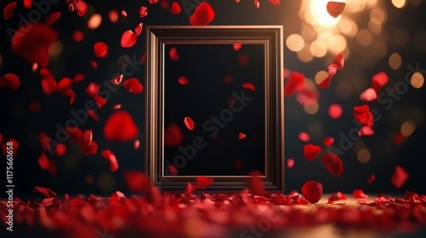 Fototapeta Framed empty space with falling rose petals.