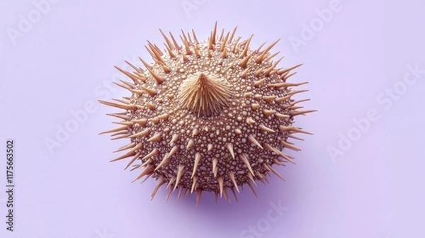 Fototapeta Close-up of a spiky, brown, round seed pod on a purple background.