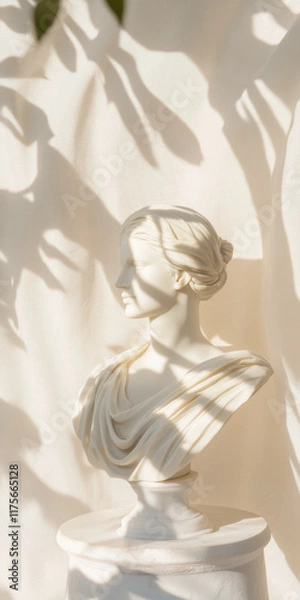 Fototapeta Elegant Marble Bust in Sunlit Shadows with Draped Fabric Background