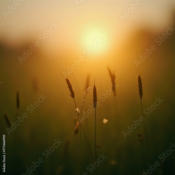 Obraz The image captures a serene sunset over a field of tall grass, with the silhouettes of the grass stalks and some dew-covered flowers in the foreground, creating a tranquil and atmospheric scene.