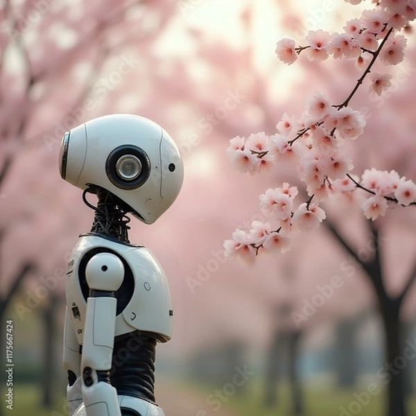 Obraz A robot with a head and two arms stands amidst cherry blossom trees, with its sensors on and a soft pink backdrop.