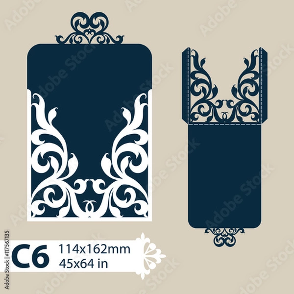 Obraz Layout congratulatory envelope with carved openwork pattern. The template for greetings, invitations, etc. Picture suitable for laser cutting, plotter cutting or printing. Vector