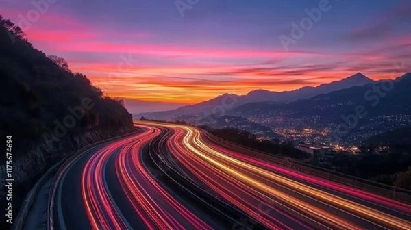 Fototapeta Vibrant Sunset Highway: A Stunning Long Exposure of a Winding Road at Dusk