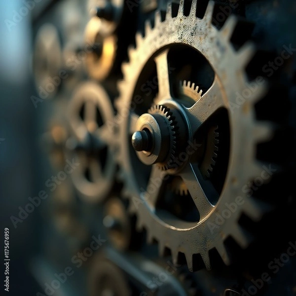 Obraz A close-up image of a gear in focus, with other gears blurred in the background.