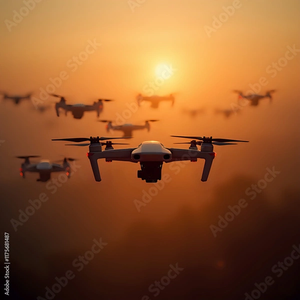 Obraz A group of drones is captured in flight against a backdrop of a sunset or sunrise sky, with the majority of the drones appearing blurry in the foreground.
