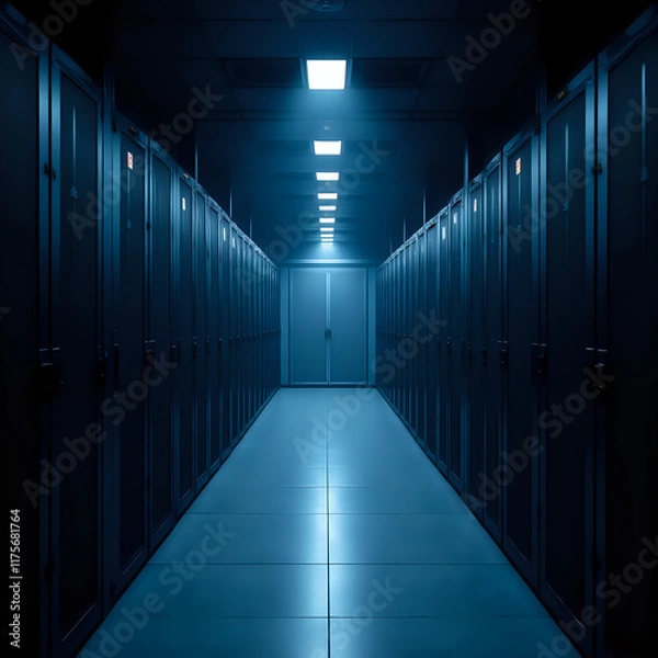 Fototapeta A dimly lit, long corridor of dark blue tiled floors and rows of closed black computer server racks stretches out, with a single light source casting a glow that illuminates the path.
