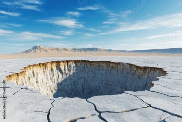 Obraz Dormant volcano with cracked caldera in arid desert landscape showcasing realistic geological features under clear blue sky