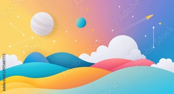Fototapeta Dreamy abstract landscape with colorful waves, planets, stars, and clouds in a vibrant sky