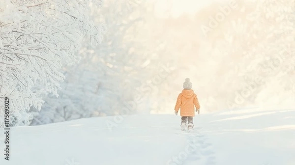 Fototapeta Child in orange coat walking through winter wonderland in soft sunlight with snow-covered trees in the background