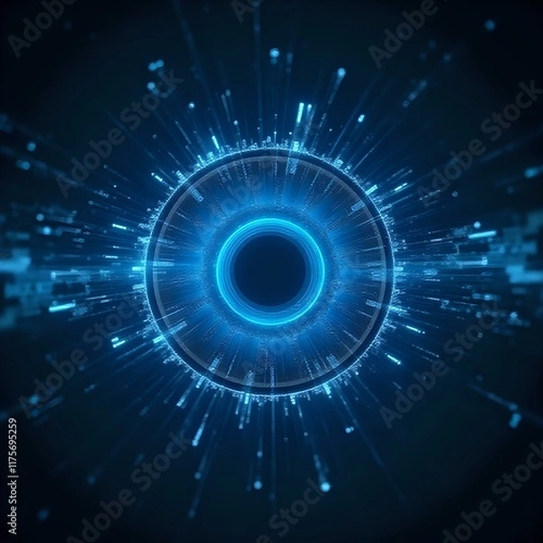 Obraz The image depicts a futuristic, digital interface with a circular element at its center, surrounded by radiating lines of light in a luminous blue color, creating a sense of technological advancement.