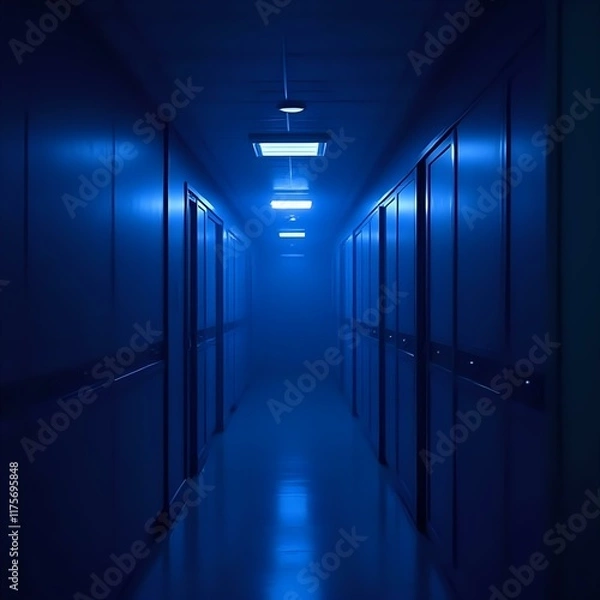 Obraz The image features a long, dimly lit corridor with rows of closed doors on both sides, bathed in a blue light.