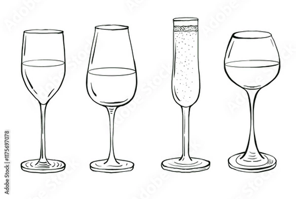 Obraz Set of wine glasses. Graphic hand drawn illustration in sketch style. Food line art elements for use in menu design, drink labels, print, templates, invitations.